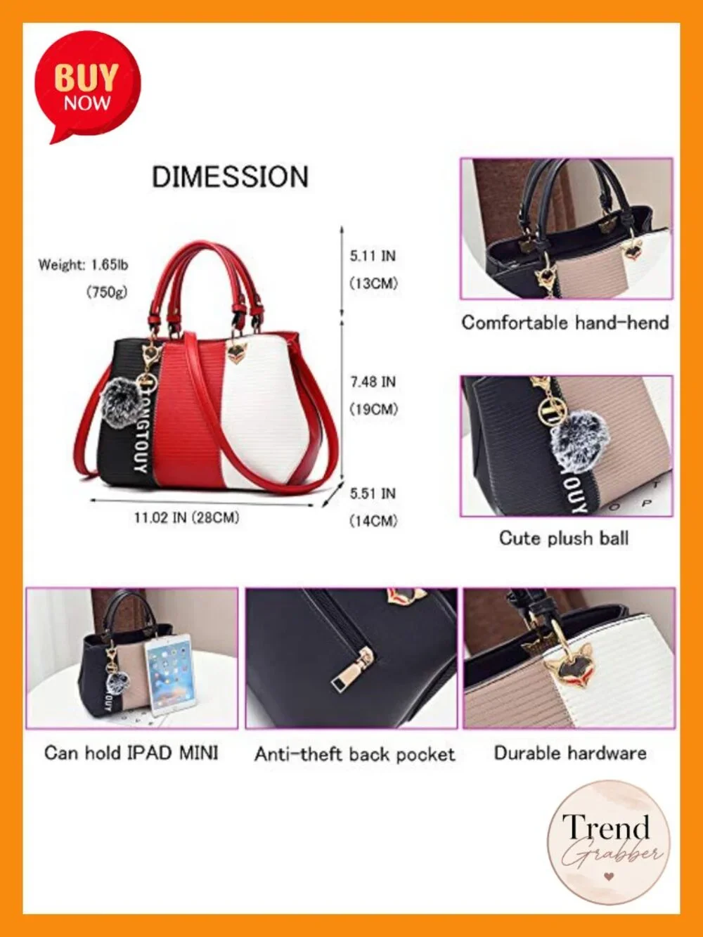PU Leather Satchel Shoulder Tote Bag with Multiple Pockets